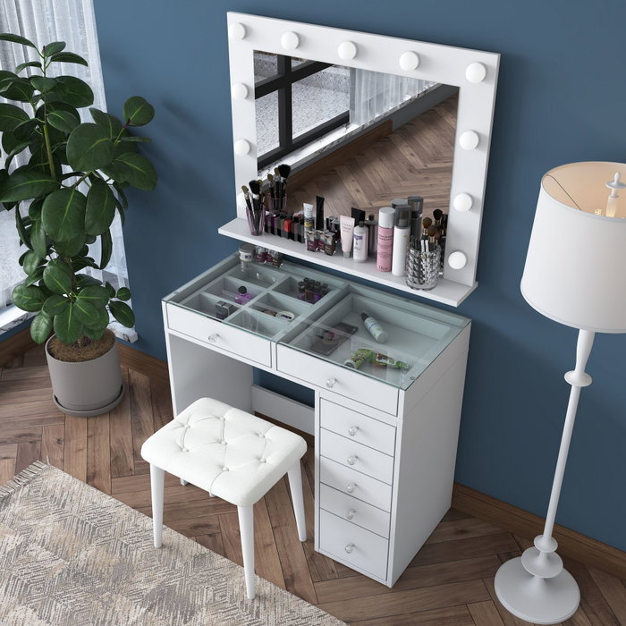 Hanah Home Mesa de Maquillaje Blanca con Espejo de 11 Focos y Puff Hanah Home Mesa de Maquillaje Blanca con Espejo de 11 Focos y Puff